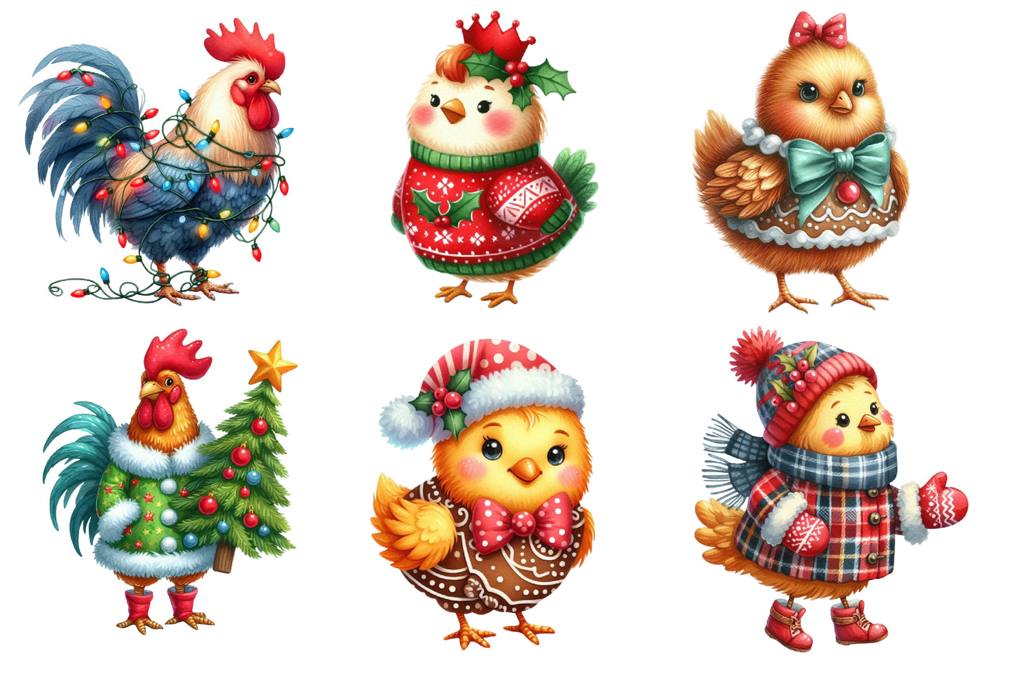 Christmas Rooster Clipart PNG Bundle | Festive Chicken, Santa Rooster, Christmas Sweater, Reindeer & Holiday Farmhouse