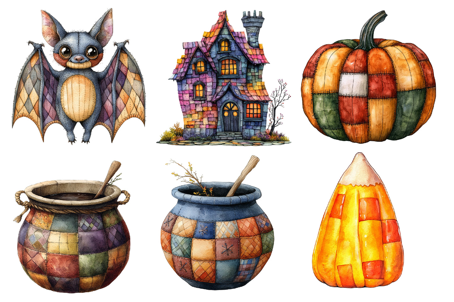 Halloween Patchwork Clipart PNG Bundle | Colorful Owl, Bat, Pumpkin, Witch & Haunted House