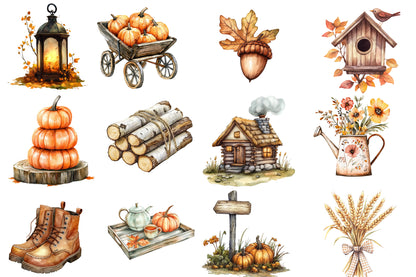 Watercolor Rustic Autumn Clipart PNG Bundle | Farmhouse Fall Pumpkin, Sunflower, Leaves & Harvest Clipart