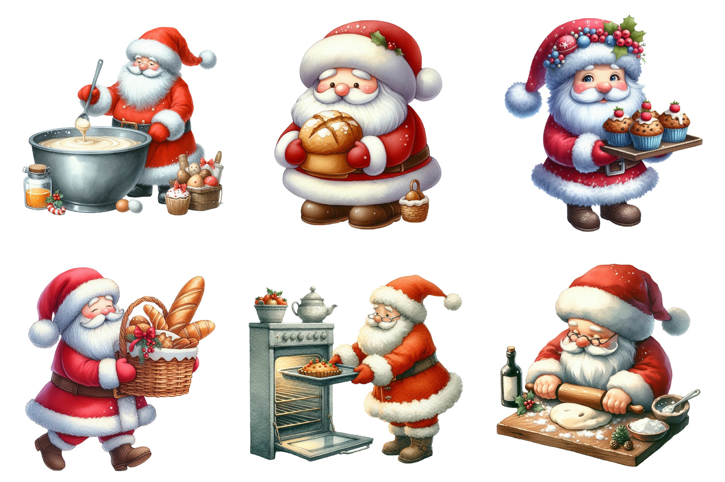 Santa Baking Watercolor Clipart PNG Bundle | Christmas Baking Santa PNG | Santa Baker Sublimation