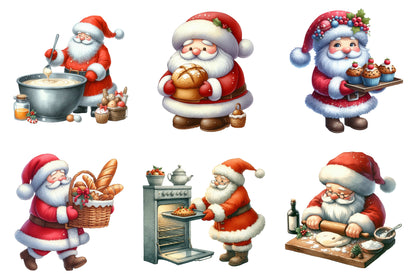 Santa Baking Watercolor Clipart PNG Bundle | Christmas Baking Santa PNG | Santa Baker Sublimation