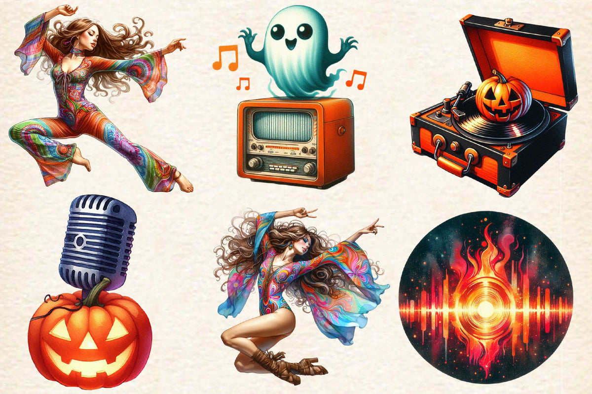 Disco Halloween PNG Bundle 18 Watercolor Retro Halloween Clipart