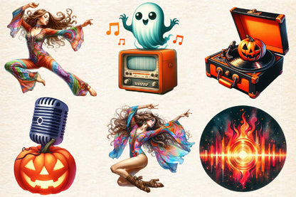 Disco Halloween PNG Bundle 18 Watercolor Retro Halloween Clipart