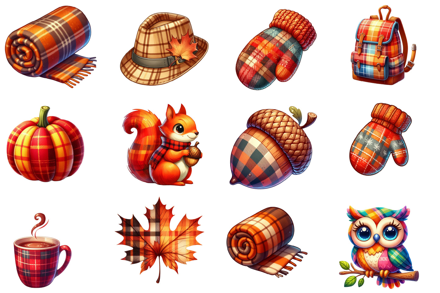 Watercolor Plaid Autumn Clipart PNG Bundle | Fall Plaid Pumpkin, Buffalo Check, Cozy Autumn & Farmhouse Clipart