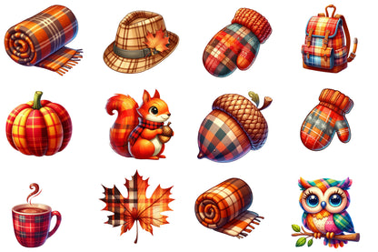 Watercolor Plaid Autumn Clipart PNG Bundle | Fall Plaid Pumpkin, Buffalo Check, Cozy Autumn & Farmhouse Clipart