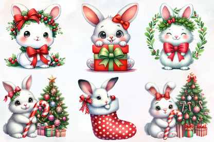 Bunny Christmas Clipart PNG Bundle | Cute Christmas Bunny, Rabbit, Snowman, Gifts & Stocking Designs