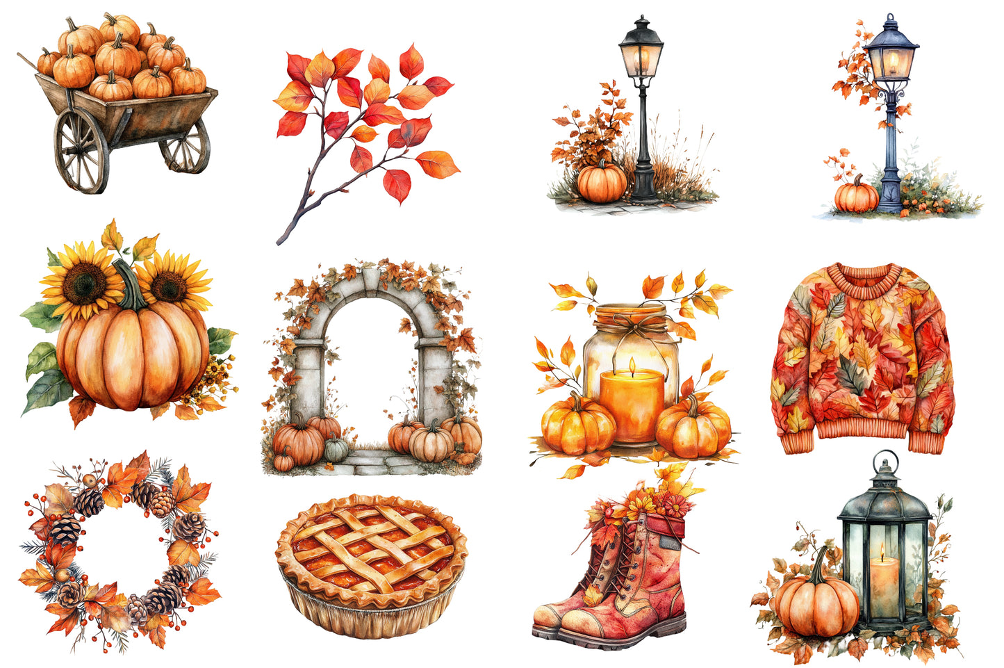 Falling Autumn Clipart PNG Bundle | Fall Pumpkin Clipart, Sunflower PNG,