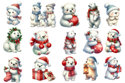 Cute Christmas Polar Bear Clipart PNG Bundle | Polar Bear, Santa Bear, Winter Bear, Christmas Lights & Holiday Animals