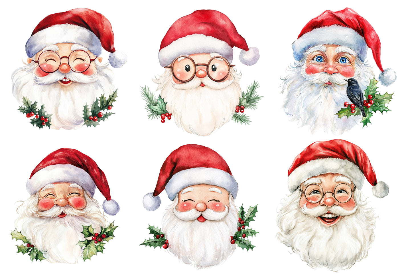 Santa Claus Face Watercolor Clipart PNG Bundle | Christmas Santa Face PNG | Santa Head Sublimation