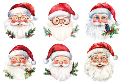 Santa Claus Face Watercolor Clipart PNG Bundle | Christmas Santa Face PNG | Santa Head Sublimation