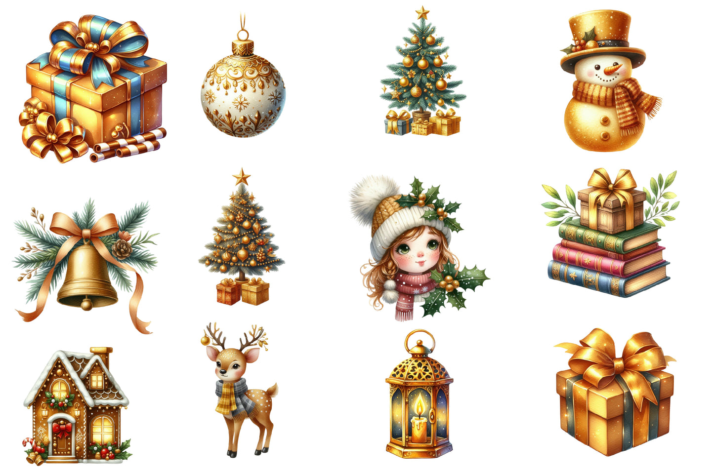 Gold Christmas Watercolor Clipart PNG Bundle | Golden Christmas PNG | Elegant Holiday Sublimation