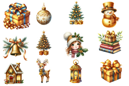 Gold Christmas Watercolor Clipart PNG Bundle | Golden Christmas PNG | Elegant Holiday Sublimation