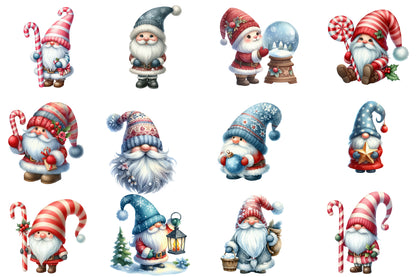 Christmas Gnome Clipart PNG Bundle | Watercolor Christmas Gnomes, Santa Hats, Candy Canes, Gifts & Winter Holiday Clipart