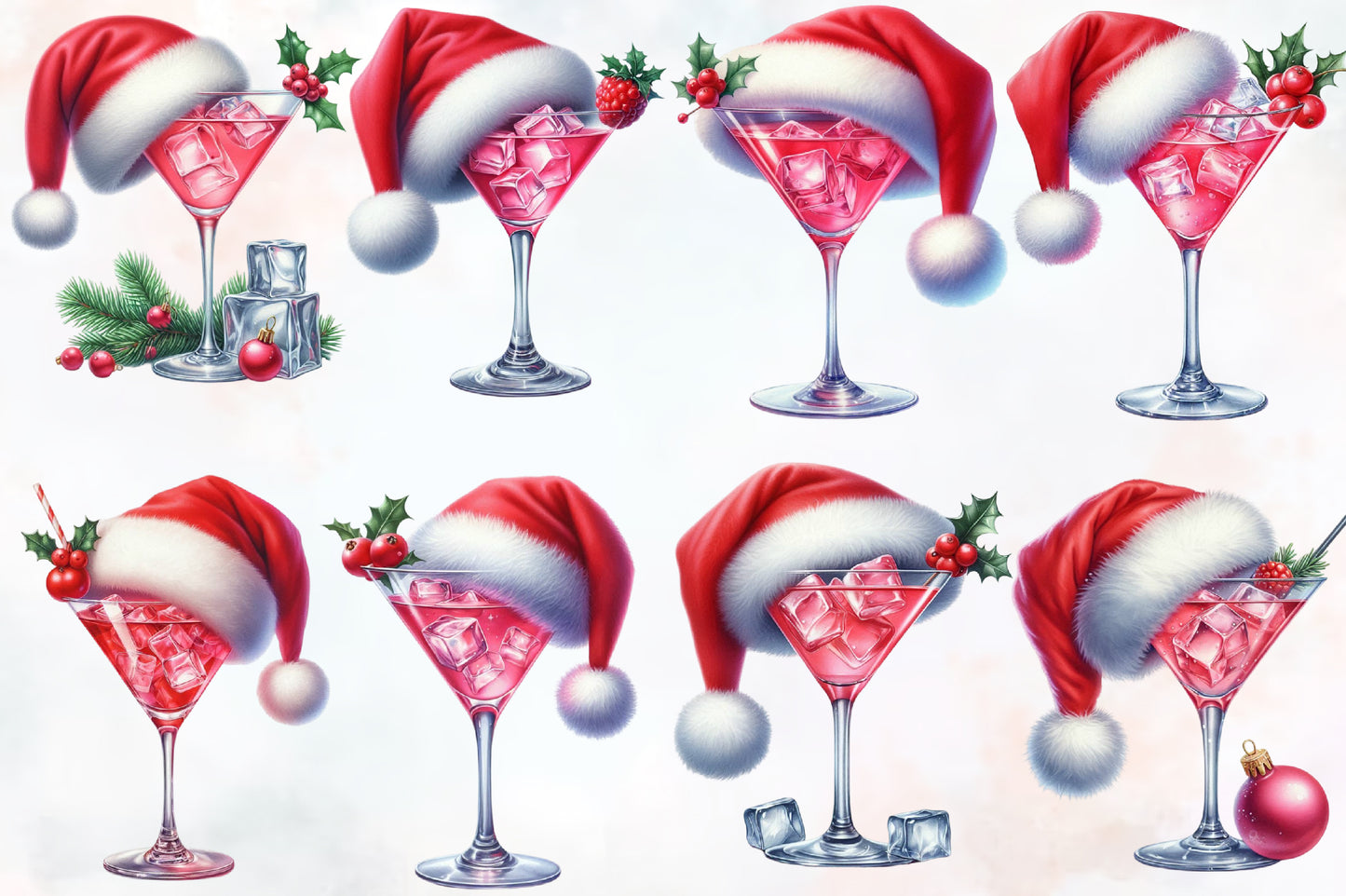 Watercolor Christmas Cocktails Clipart PNG Bundle | Santa Hat Cocktail Glasses | Christmas Party Sublimation