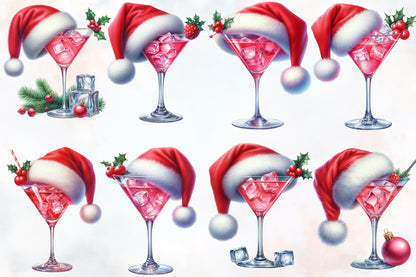 Watercolor Christmas Cocktails Clipart PNG Bundle | Santa Hat Cocktail Glasses | Christmas Party Sublimation