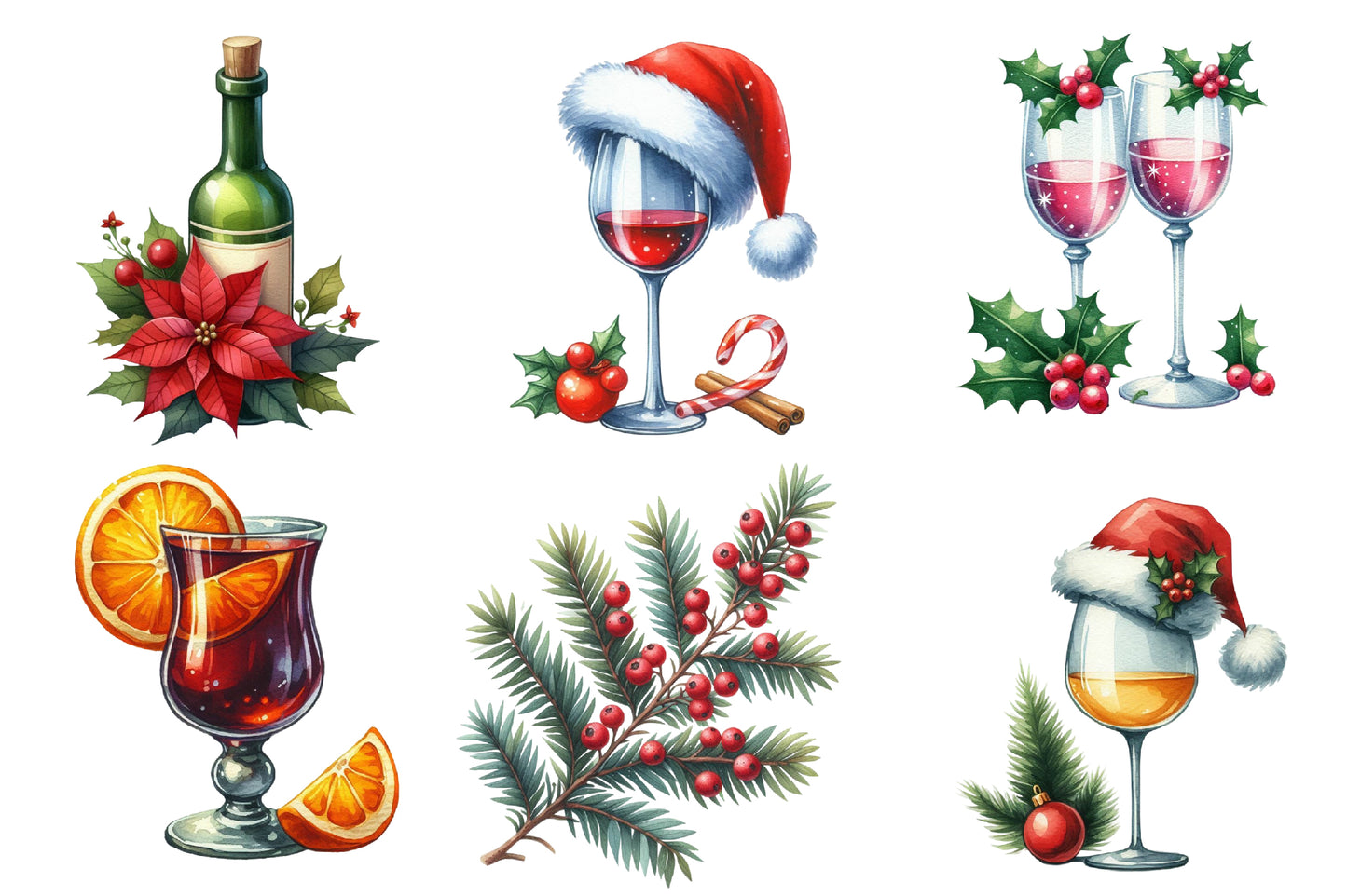Christmas Red Wine Clipart PNG Bundle | Watercolor Holiday Red Wine Clipart | Festive Wine Glass Sublimation PNG