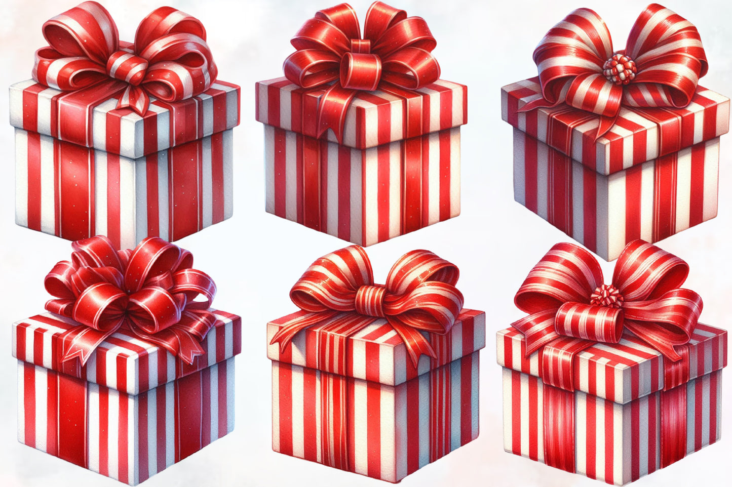 Christmas Gift Box Clipart PNG Bundle | Red & White Striped Christmas Presents, Gift Boxes & Festive Bows