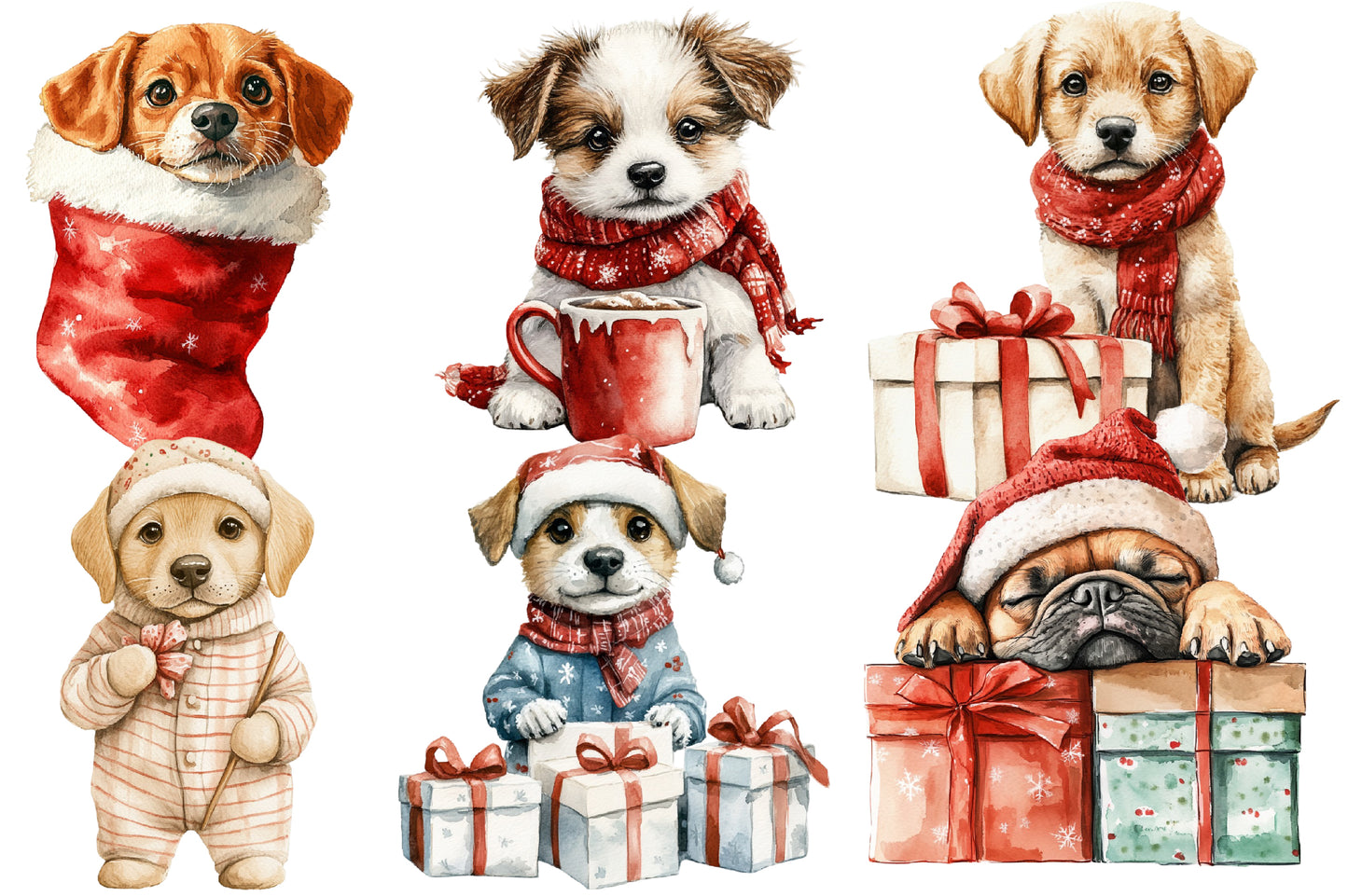 Christmas Dog Clipart PNG Bundle | Watercolor Cute Christmas Dog Clipart | Festive Holiday Puppy Sublimation PNG