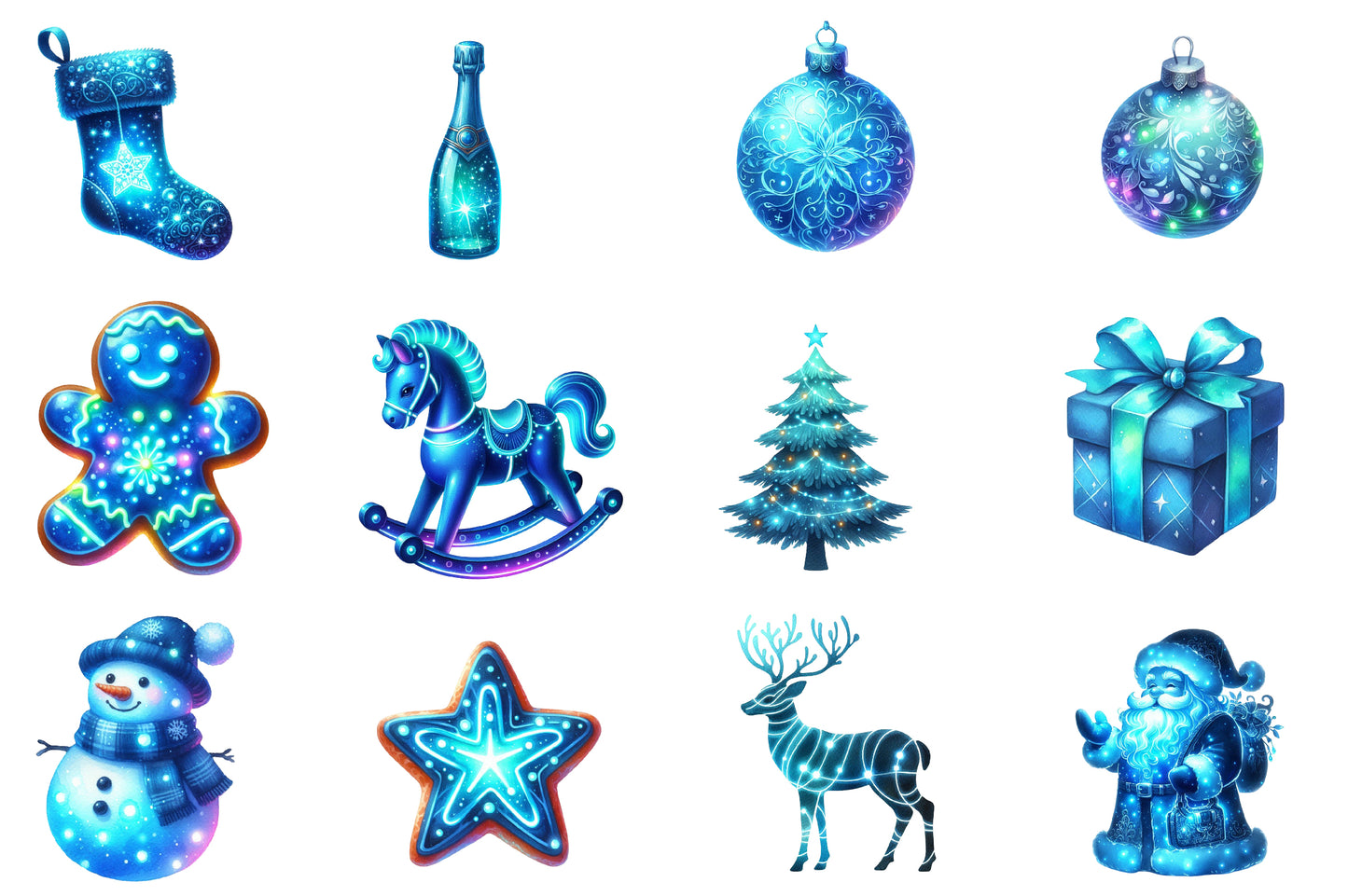 Blue Christmas Clipart PNG Bundle | Watercolor Winter Holiday Clipart | Elegant Icy Blue Christmas PNG