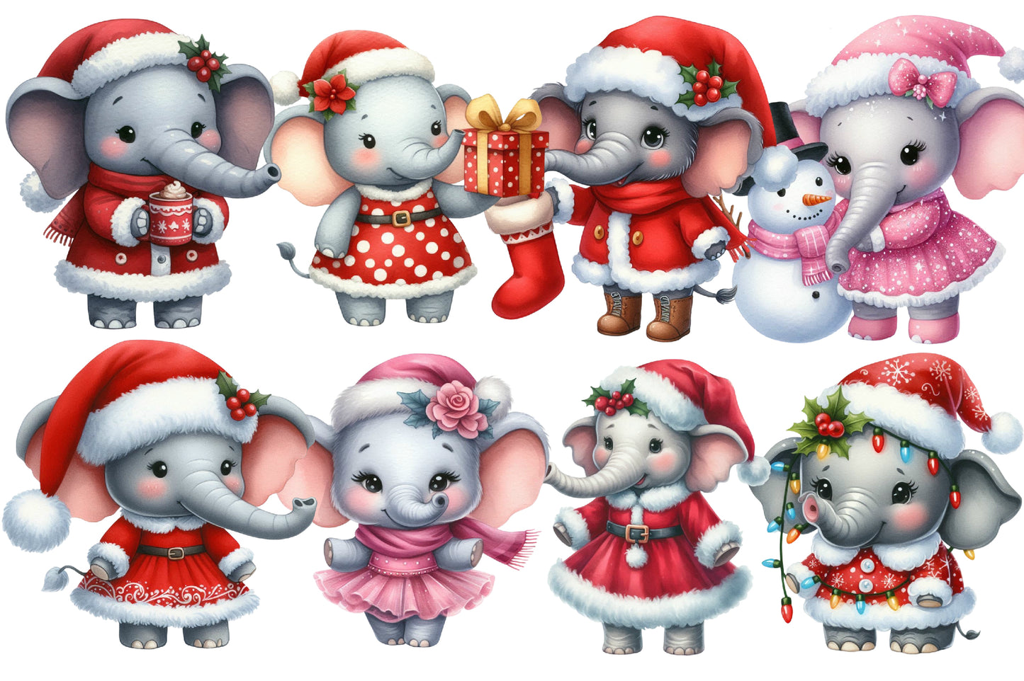 Christmas Elephant Clipart PNG Bundle | Watercolor Christmas Elephants, Santa Hats, Gifts, Snowman & Holiday Clipart