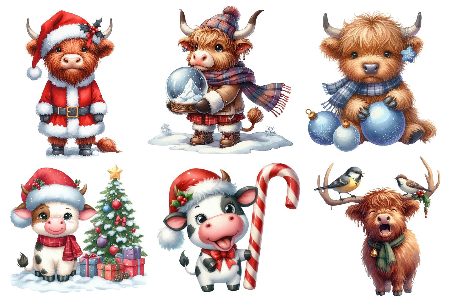 Christmas Highland Cow Clipart Bundle PNG | Watercolor Cute Highland Cow Christmas Clipart | Farmhouse Holiday Sublimation PNG