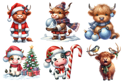 Christmas Highland Cow Clipart Bundle PNG | Watercolor Cute Highland Cow Christmas Clipart | Farmhouse Holiday Sublimation PNG