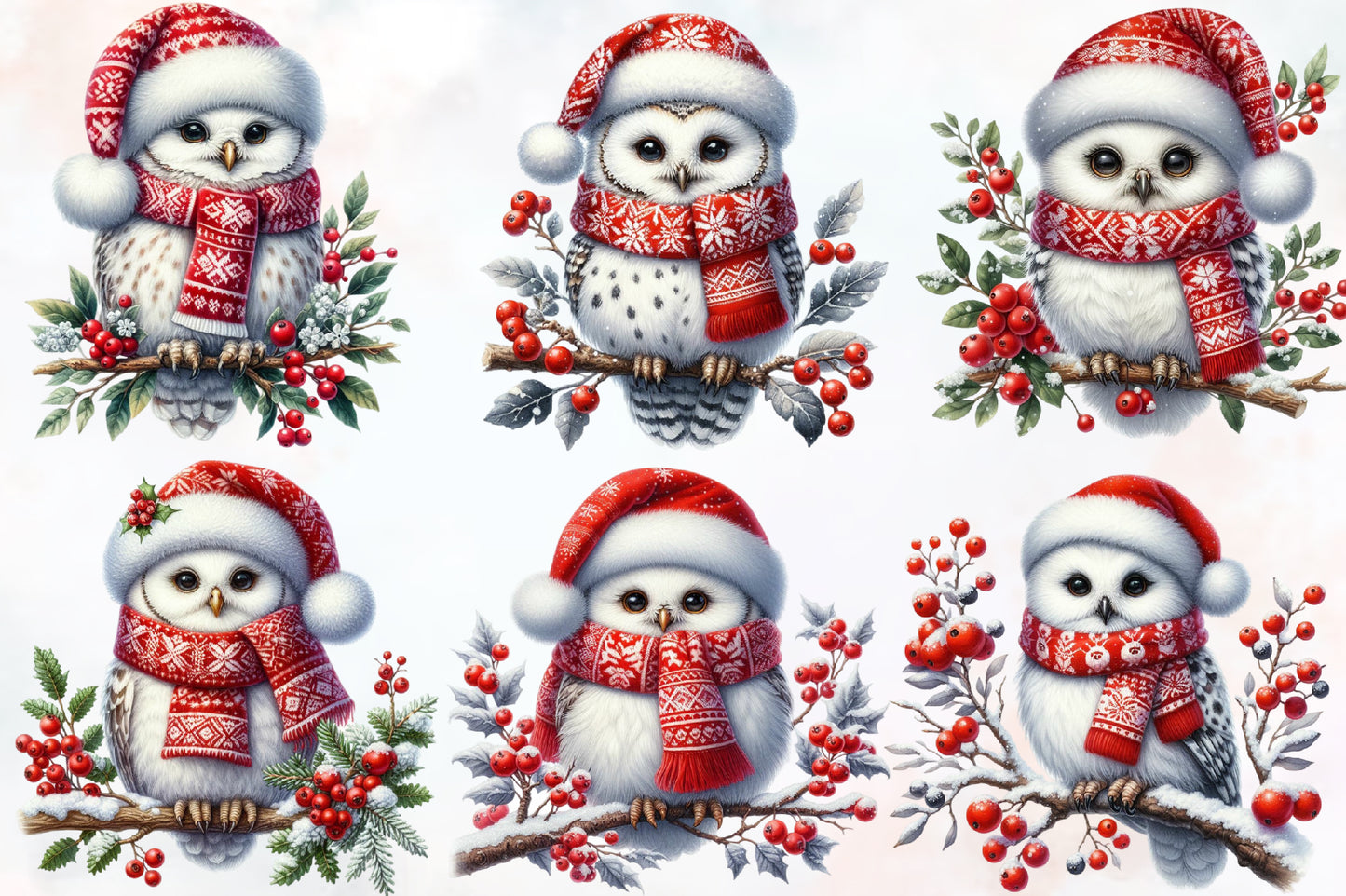 Watercolor Christmas Owl Clipart PNG Bundle | Cute Winter Owl & Holiday Birds