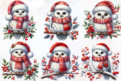 Watercolor Christmas Owl Clipart PNG Bundle | Cute Winter Owl & Holiday Birds
