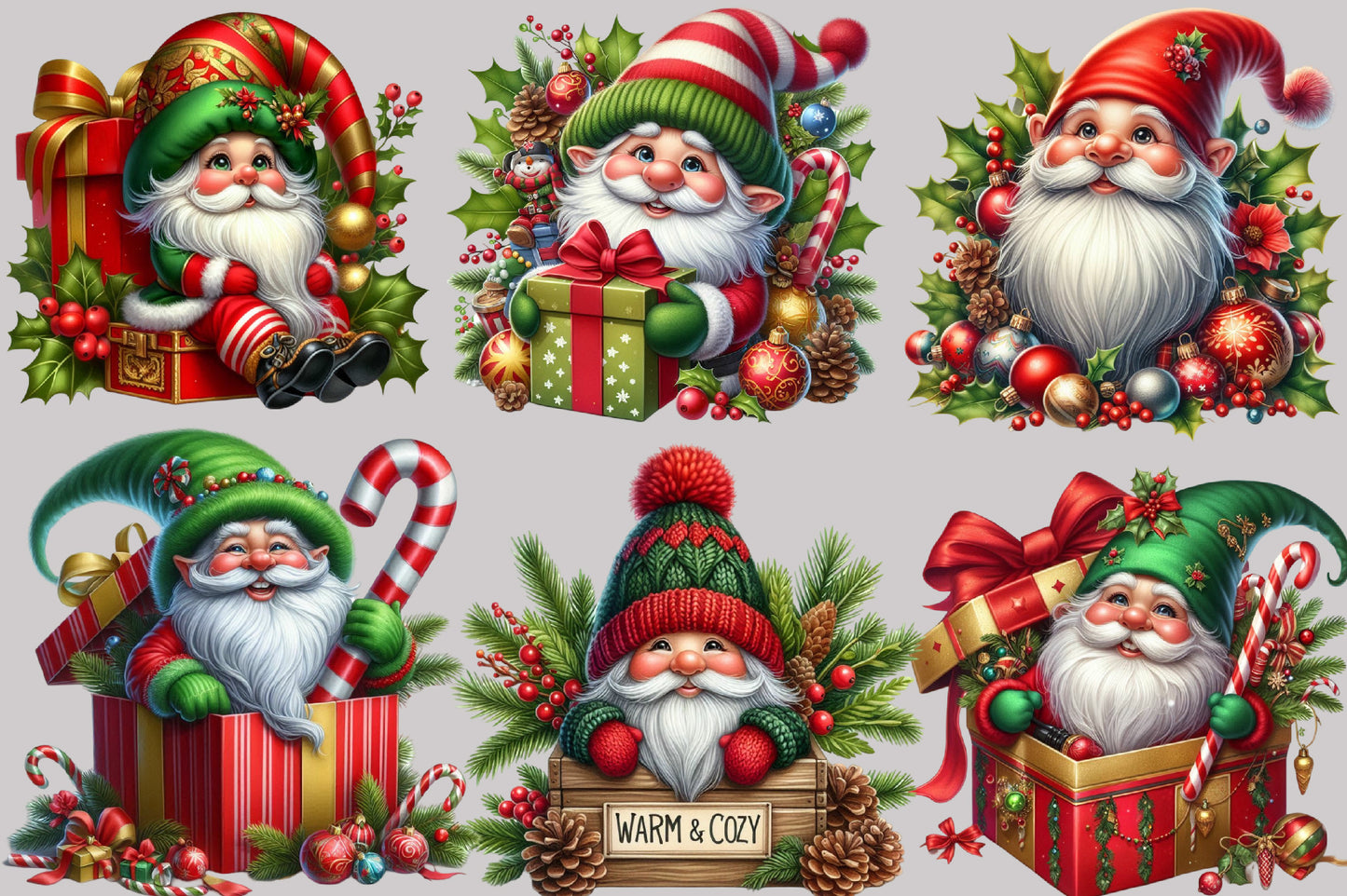 Watercolor Christmas Gnomes Clipart PNG Bundle | Cute Santa Gnome Holiday Designs