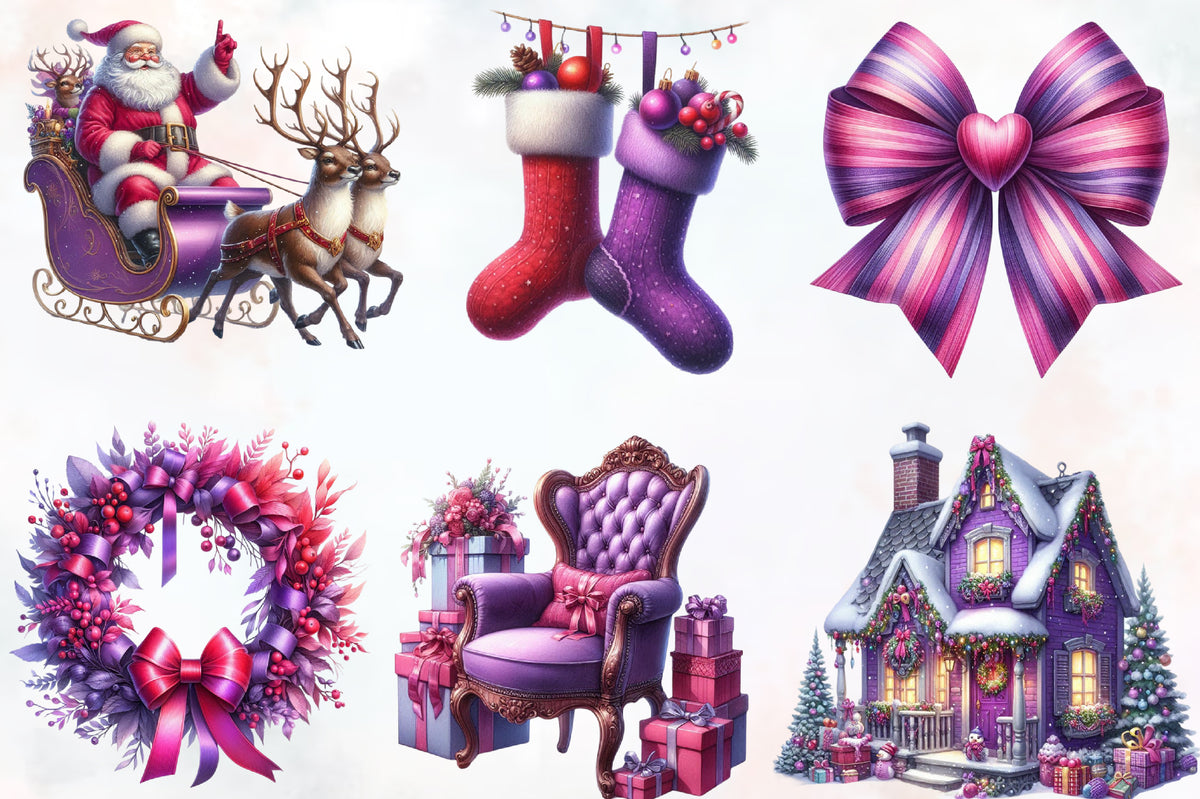 Cute Purple Christmas PNG Bundle Watercolor Holiday Clipart