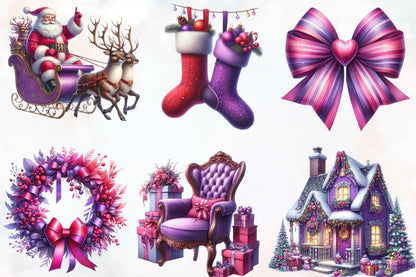 Cute Purple Christmas PNG Bundle Watercolor Holiday Clipart