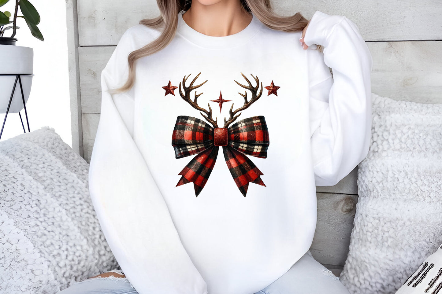 Christmas Reindeer Bow PNG Plaid Antler Holiday Christmas Sublimation