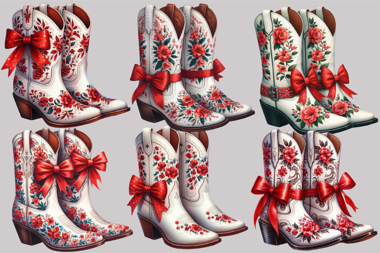 Watercolor Christmas Western Boots Clipart PNG Bundle | Floral Cowboy Boots, Red Bows & Holiday Western Designs