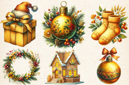 Watercolor Yellow Christmas Day PNG Bundle 24 Festive Holiday Clipart