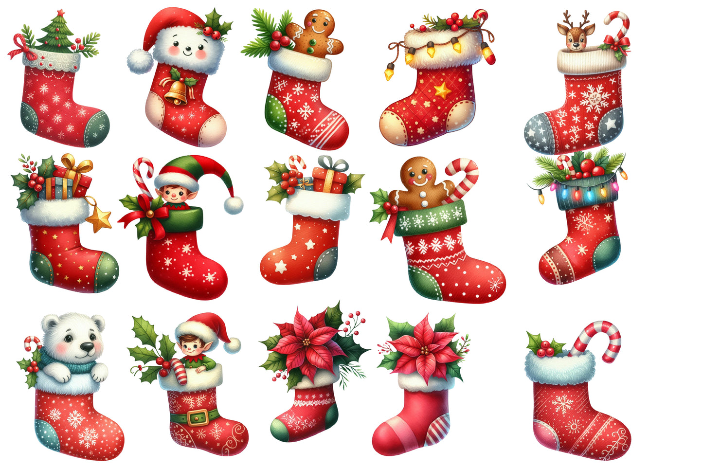 Christmas Stocking Sublimation Clipart PNG Bundle | Watercolor Christmas Stocking Clipart | Festive Holiday Stocking PNG
