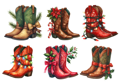 Christmas Cowboy Boots Clipart PNG Bundle | Watercolor Western Christmas Boots Clipart | Country Holiday Sublimation PNG