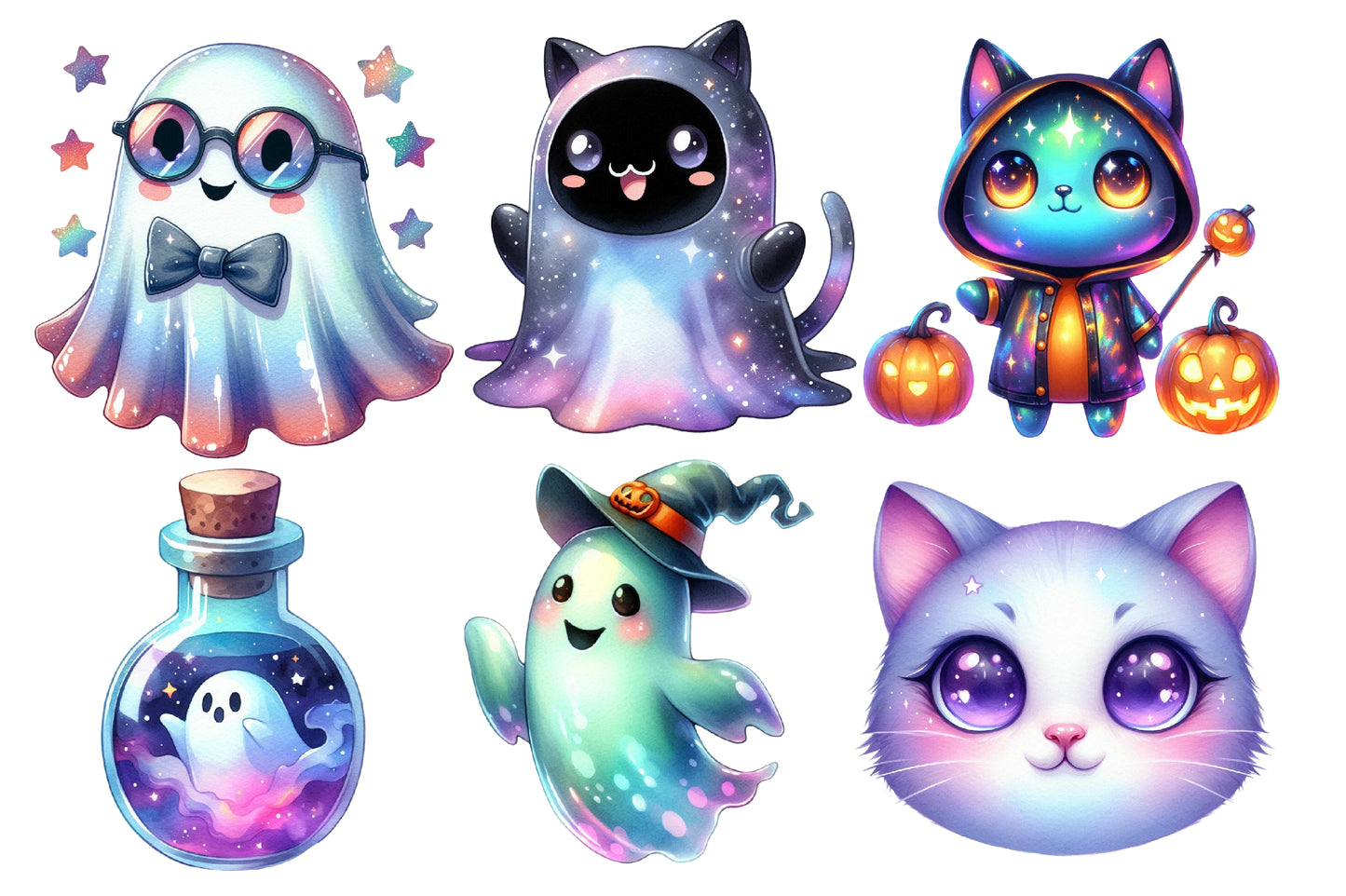 Holographic Halloween Watercolor Clipart PNG Bundle | Cute Ghost PNG, Kawaii Halloween Clipart