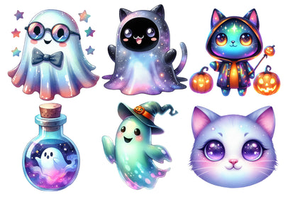 Holographic Halloween Watercolor Clipart PNG Bundle | Cute Ghost PNG, Kawaii Halloween Clipart