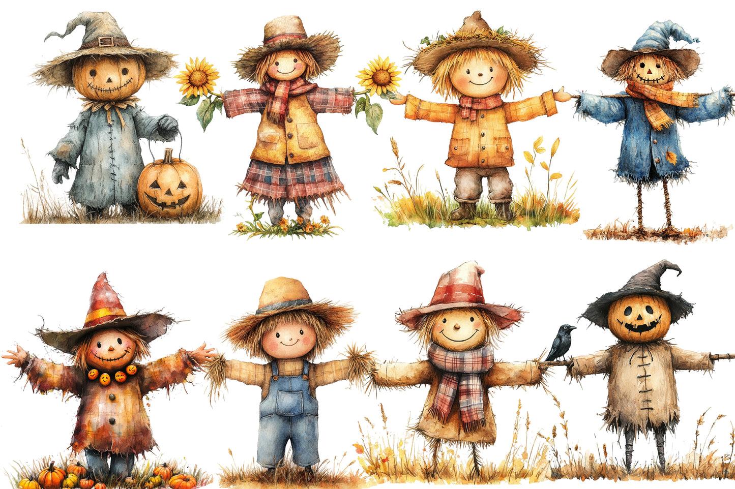Autumn Scarecrow Watercolor Clipart PNG Bundle | Fall Scarecrow Clipart | Rustic Autumn Sublimation PNG