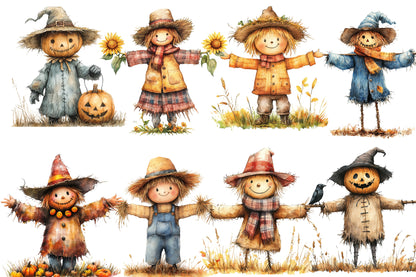 Autumn Scarecrow Watercolor Clipart PNG Bundle | Fall Scarecrow Clipart | Rustic Autumn Sublimation PNG