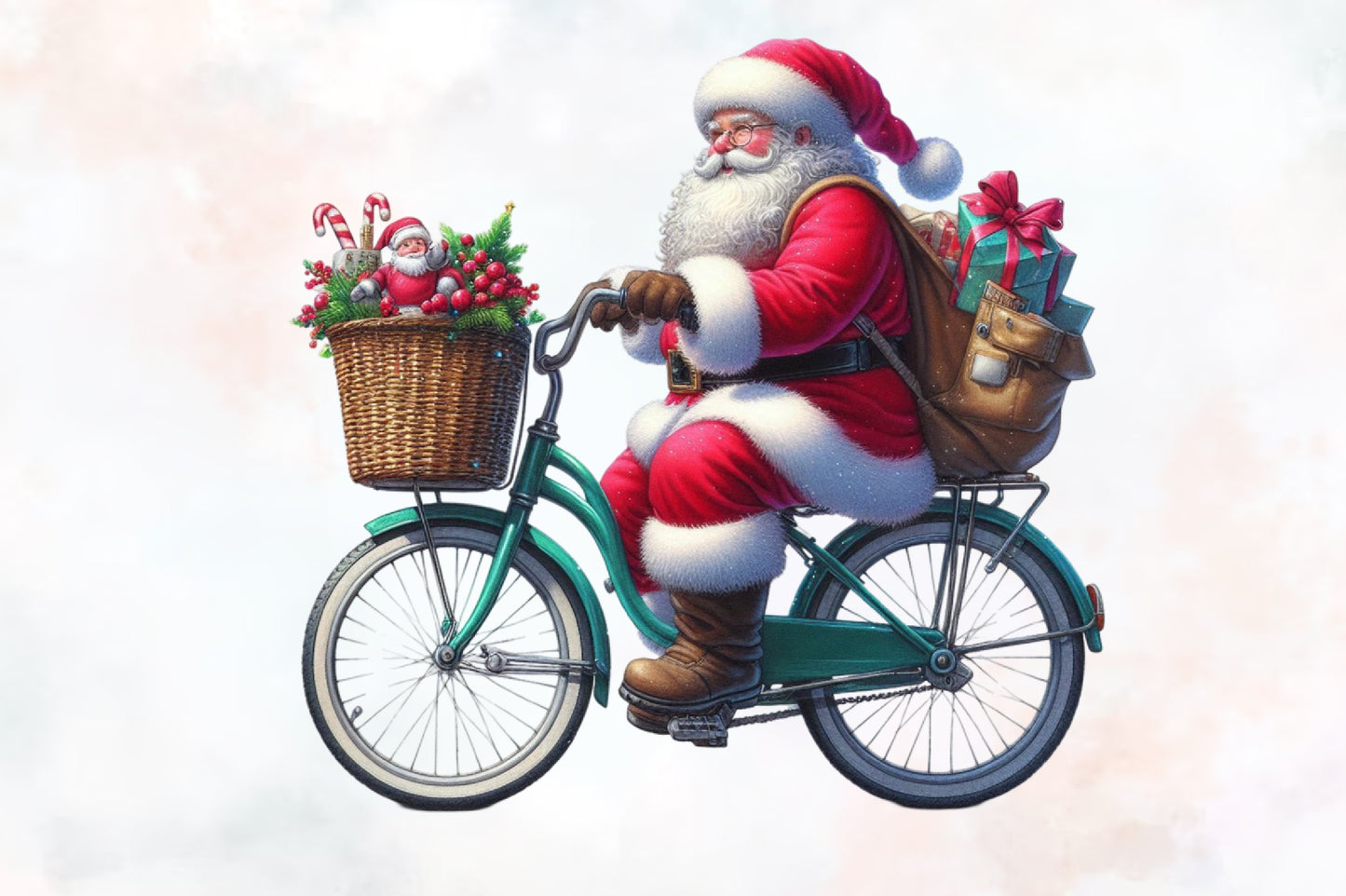 Christmas Santa Bicycle PNG Clipart Bundle | Watercolor Santa Claus Riding Bike, Holiday Bicycle, Gifts & Christmas Decorations