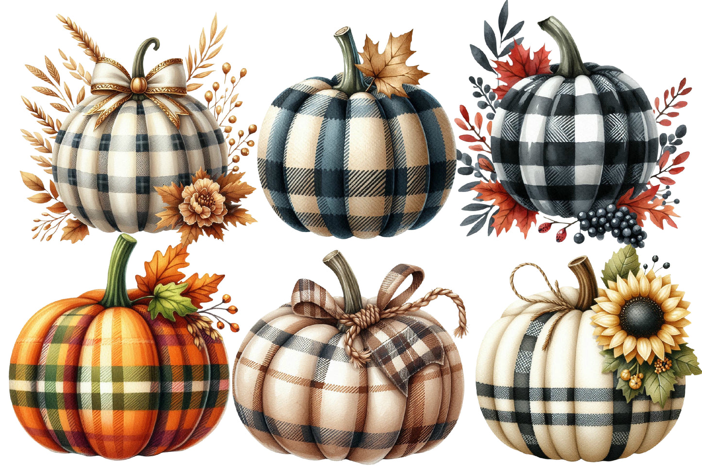 Autumn Plaid Pumpkin Sublimation Clipart PNG Bundle | Watercolor Cozy Fall Pumpkin Clipart | Rustic Harvest Plaid Pumpkin PNG
