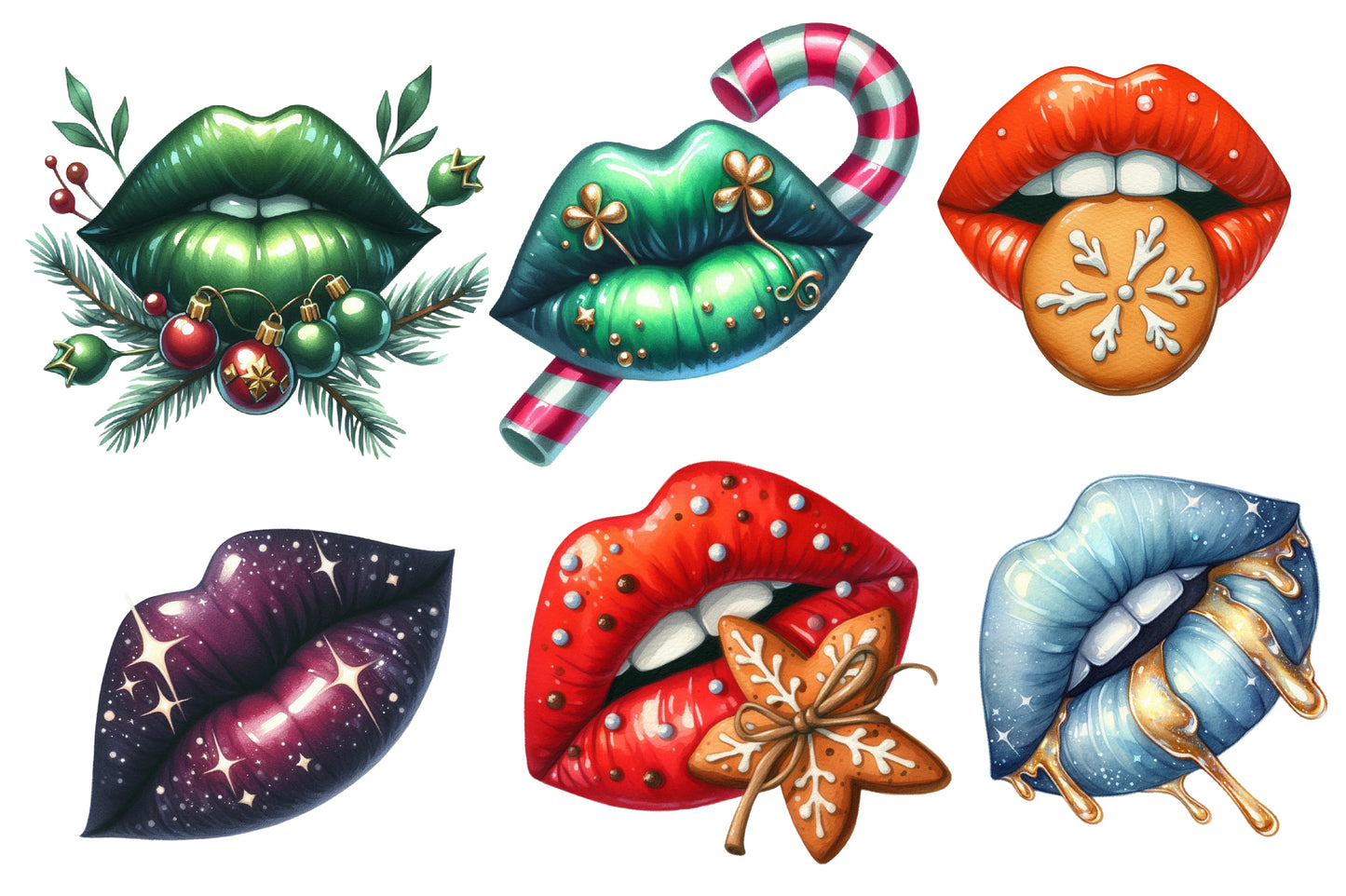 Christmas Lips Clipart PNG Bundle | Watercolor Festive Christmas Lips Clipart | Cute Holiday Lips Sublimation PNG