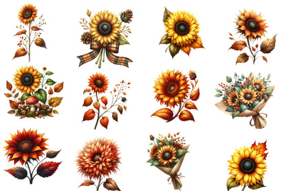 Sunflower Autumn Watercolor Clipart PNG Bundle | Fall Sunflower PNG | Autumn Floral Sublimation