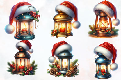 21 Christmas Lantern PNG Watercolor Clipart Bundle Santa Hat Holiday