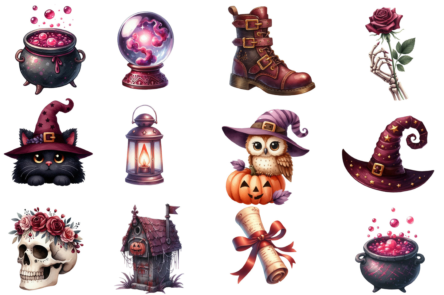 Burgundy Halloween Watercolor Clipart PNG Bundle | Gothic Halloween Watercolor Clipart | Witchy Halloween Sublimation PNG
