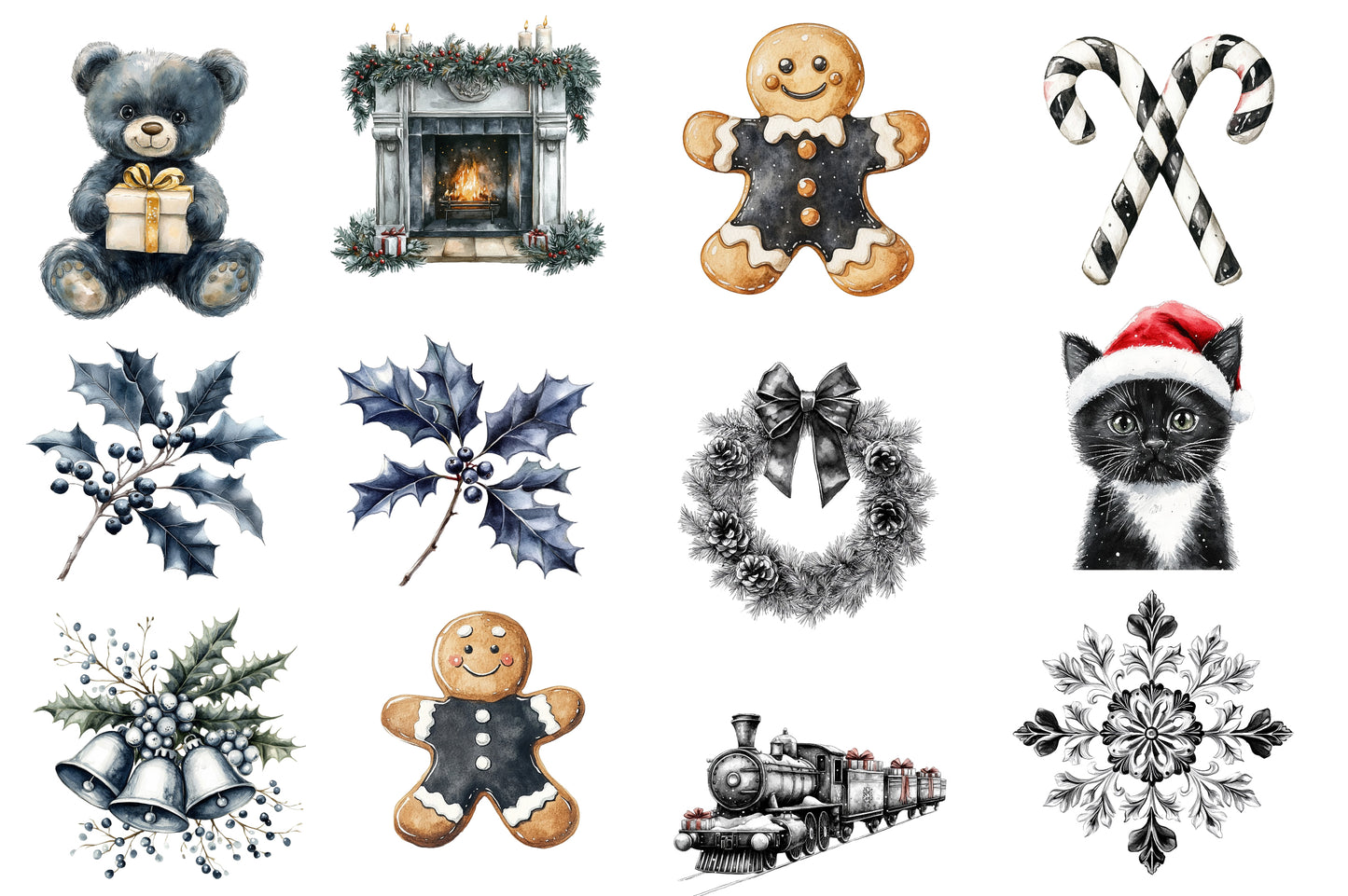 Black and White Christmas Clipart PNG Bundle | Elegant Monochrome Holiday Watercolor Clipart | Minimalist Christmas PNG