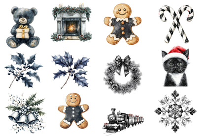 Black and White Christmas Clipart PNG Bundle | Elegant Monochrome Holiday Watercolor Clipart | Minimalist Christmas PNG