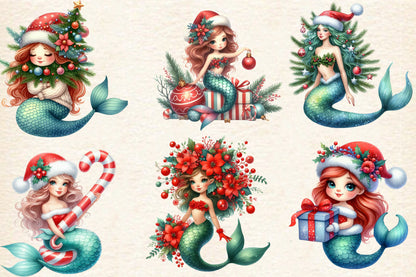 Christmas Mermaid PNG Bundle | Watercolor Christmas Mermaid, Holiday Mermaid & Winter Mermaid Sublimation Clipart