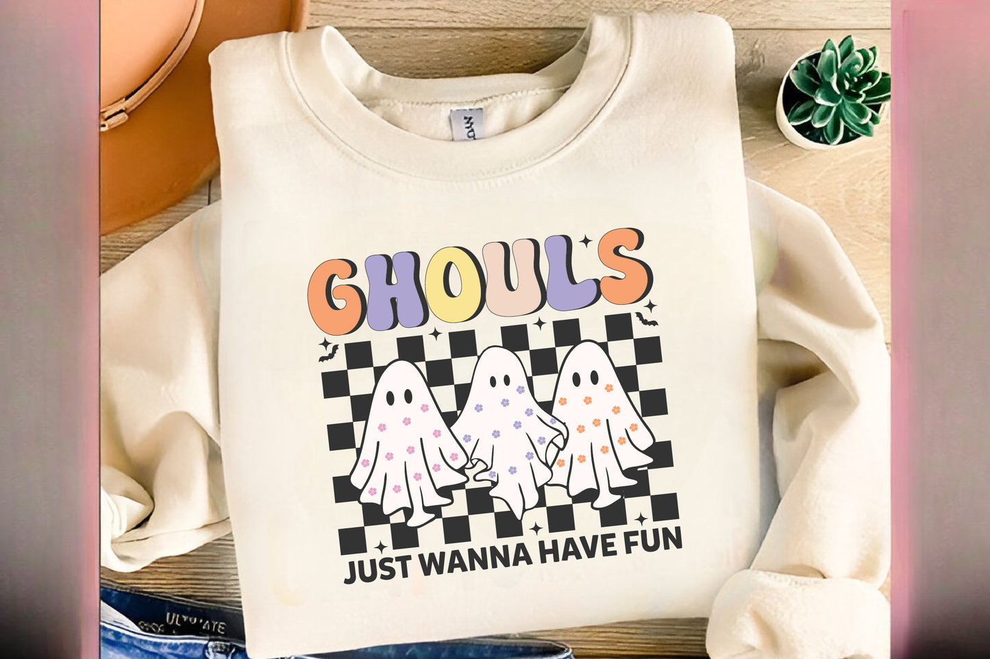 3 Cute Ghosts Halloween PNG Just Wanna Have Fun Checkered Ghost Clipart